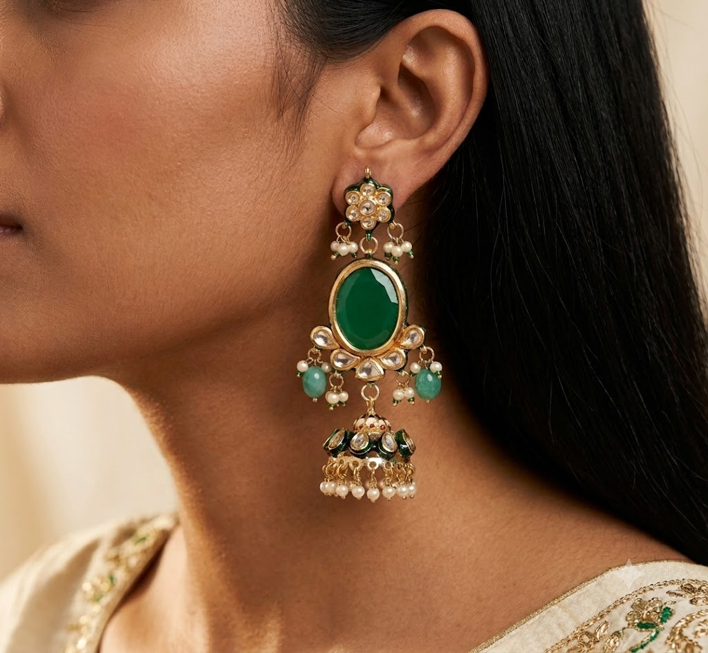 Emerald Green Kundan Jhumka Earrings for Women Pearl Drop Ethnic Roz Jewellers