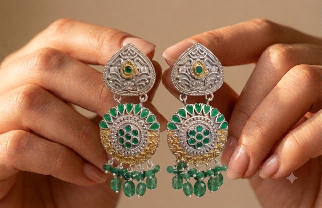 Handcrafted Oxidized Silver Green Stone Kundan Chandbali Earrings Roz Jewellers.