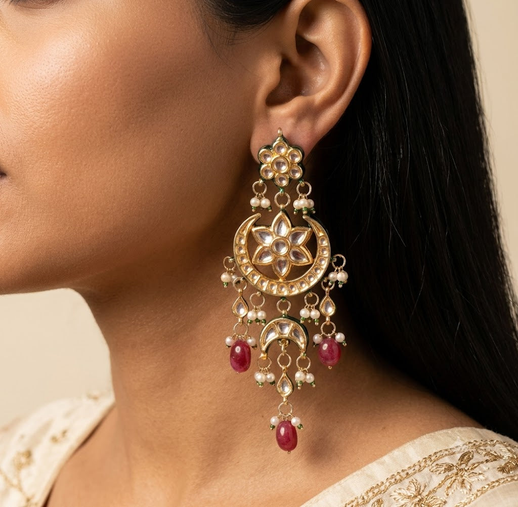 Royal Kundan Chandbali Earrings in Red & Gold with Pearl Drops Roz Jewellers