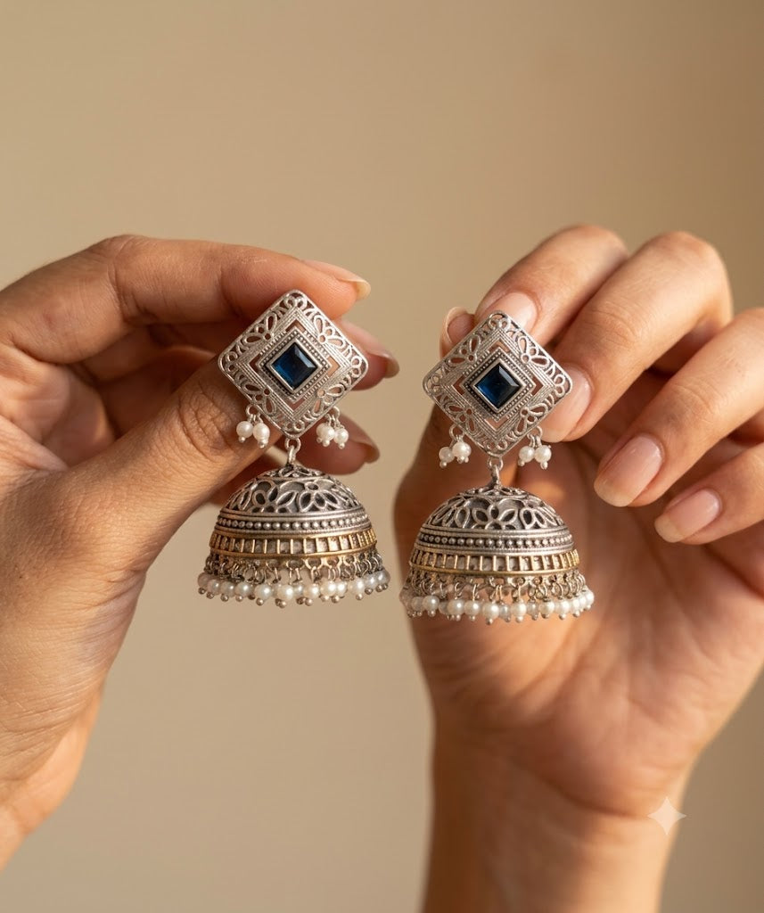 Navy Blue Square Oxidized Kundan Silver Jhumka Earrings with Pearl Fringe Roz Jeweller.