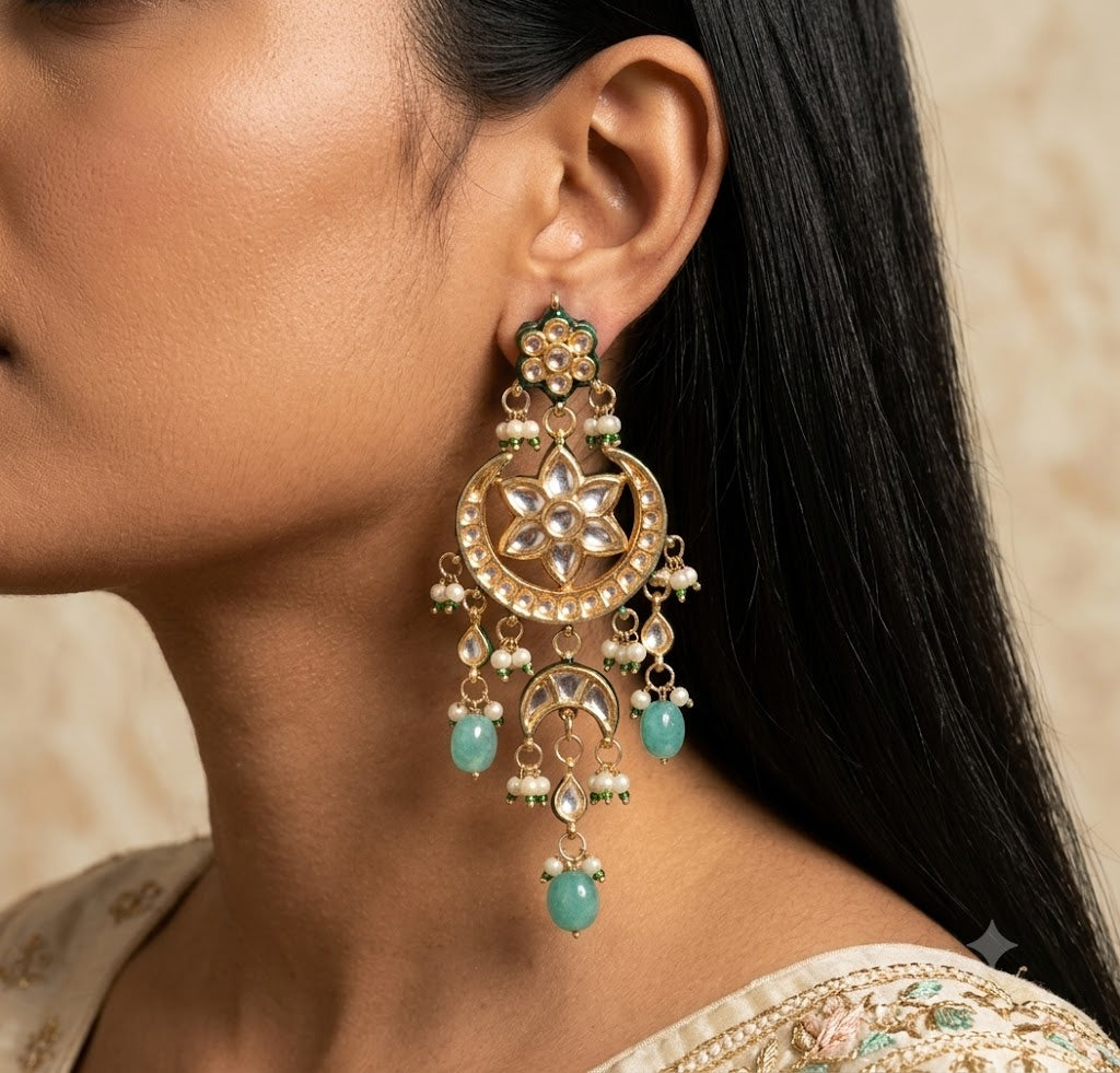Bollywood Mint Green Kundan Chandbali Earrings with Pearl Drops Roz Jewellers