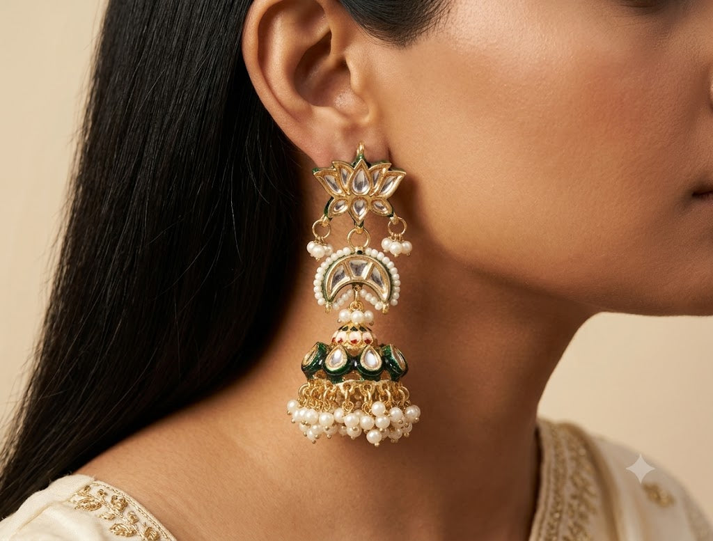 Green Meenakari Kundan Gold Plated Bridal Statement Earrings For Women Roz Jewellers