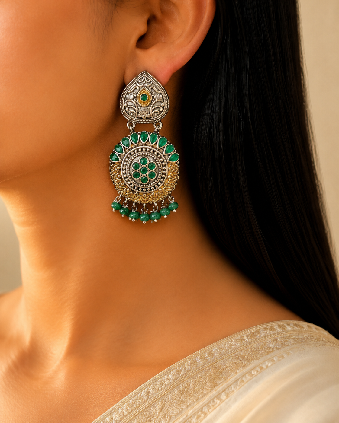 Handcrafted Oxidized Silver Green Stone Kundan Chandbali Earrings Roz Jewellers.