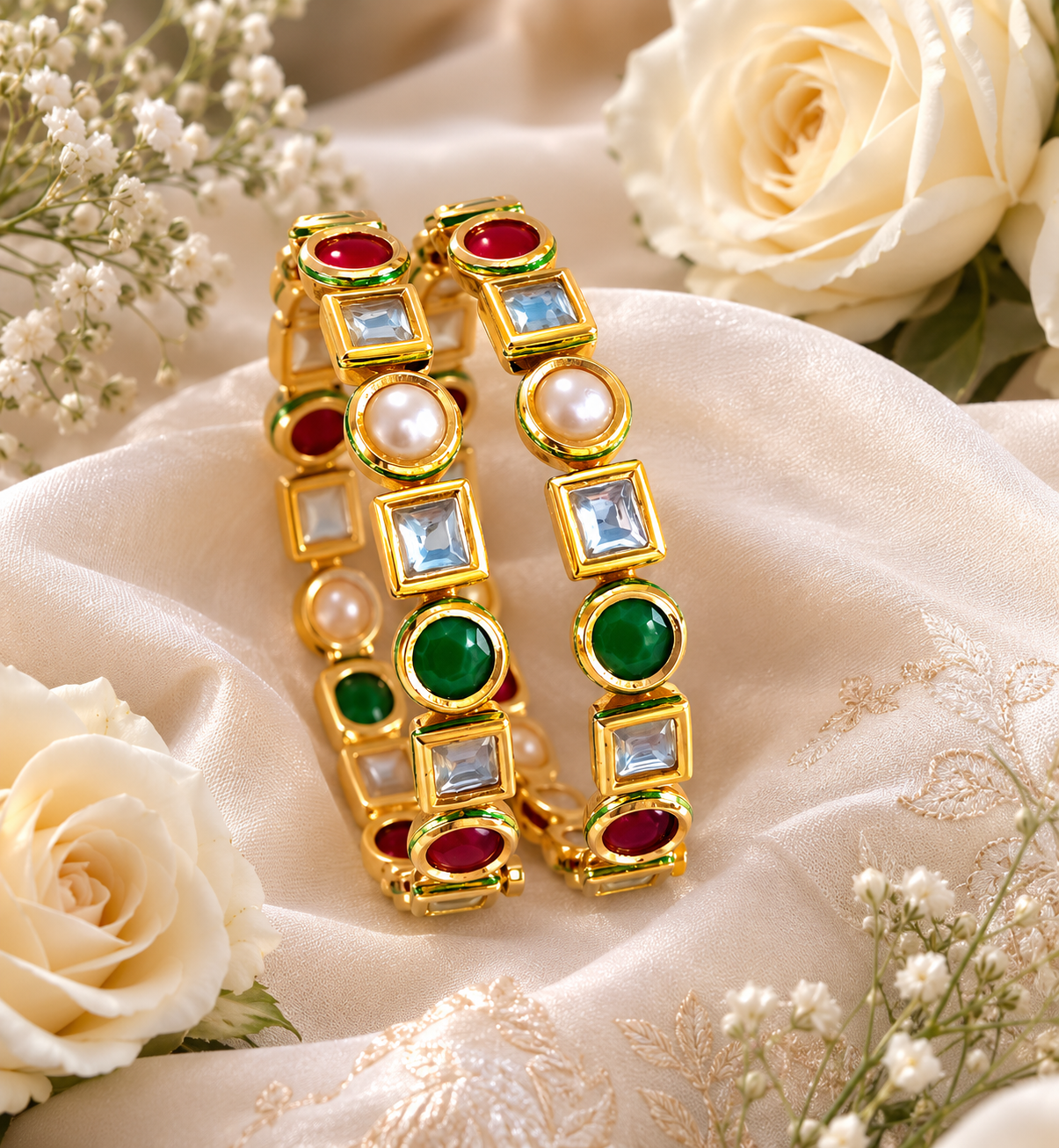 Heritage Gold Navratna Bangles with Kundan Accents Roz Jewellers.