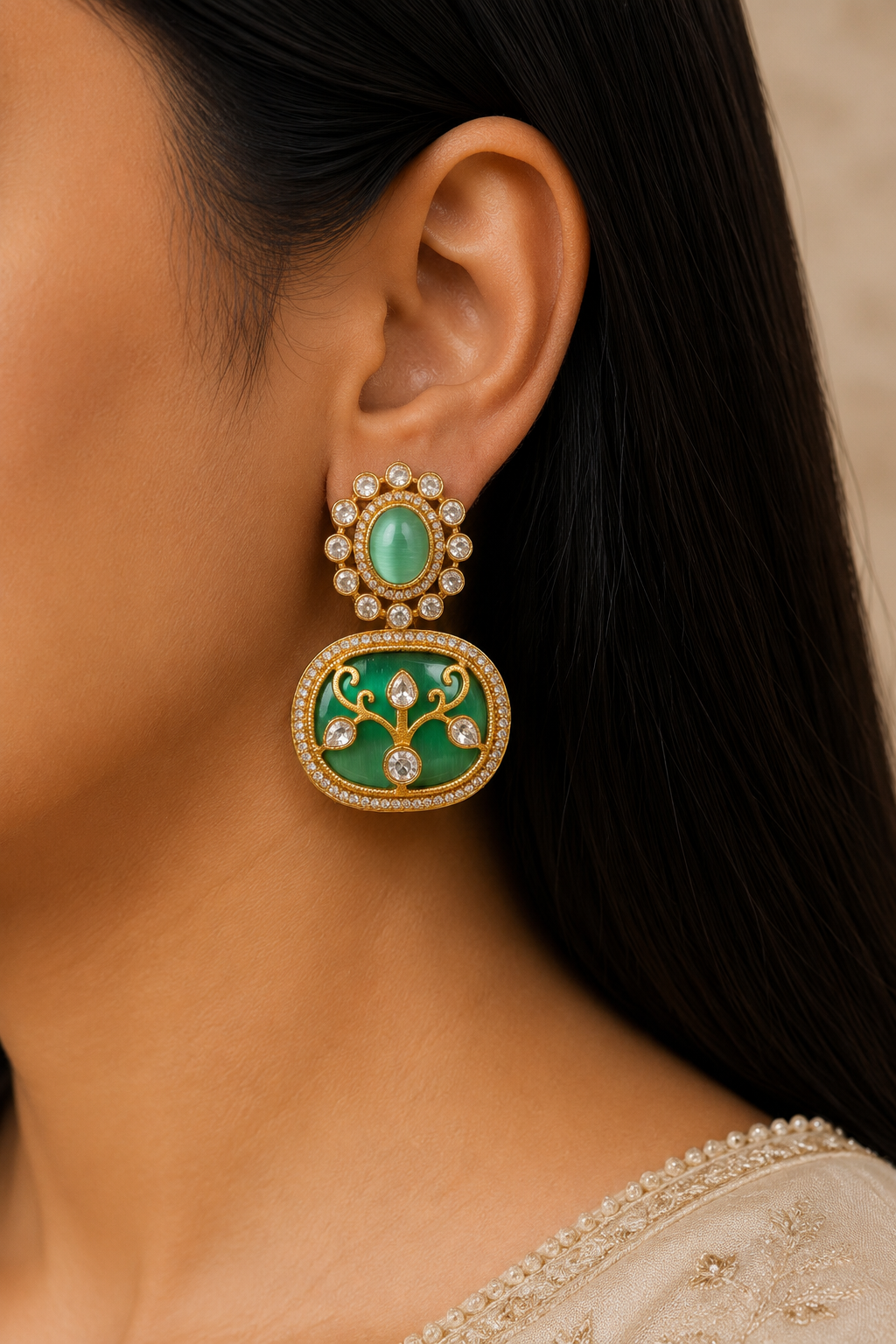 Hadiya Indian Mint Green Stone Necklace Set with Antique Gold Finish Roz Jewellers.