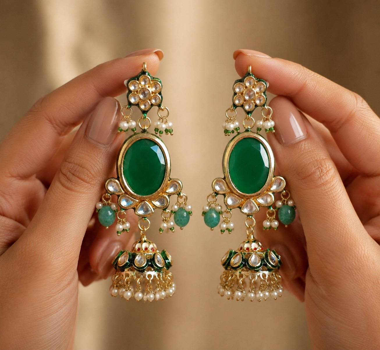 Emerald Green Kundan Jhumka Earrings for Women Pearl Drop Ethnic Roz Jewellers