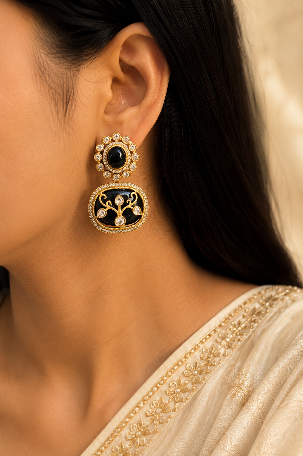Momina Wedding Guest Jewelry Black Onyx, Kundan Statement Necklace Roz Jewellers