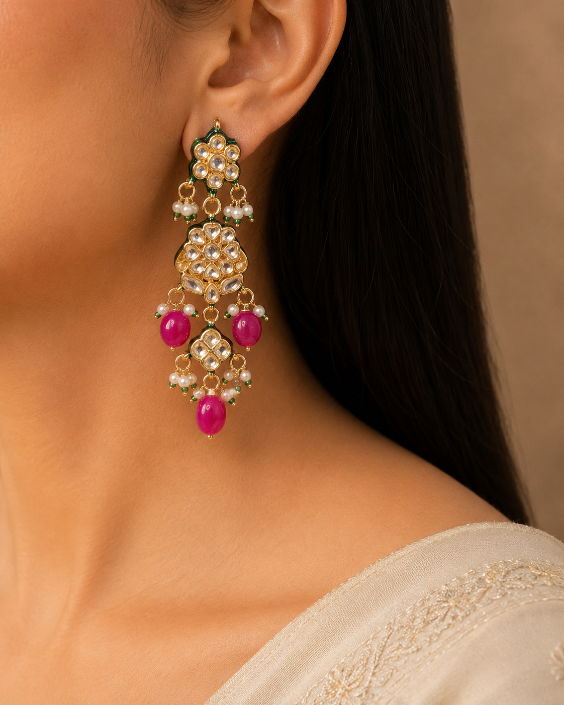 Indian Kundan Pearl Choker Necklace Earrings Set with Pink Drops Roz Jewellers