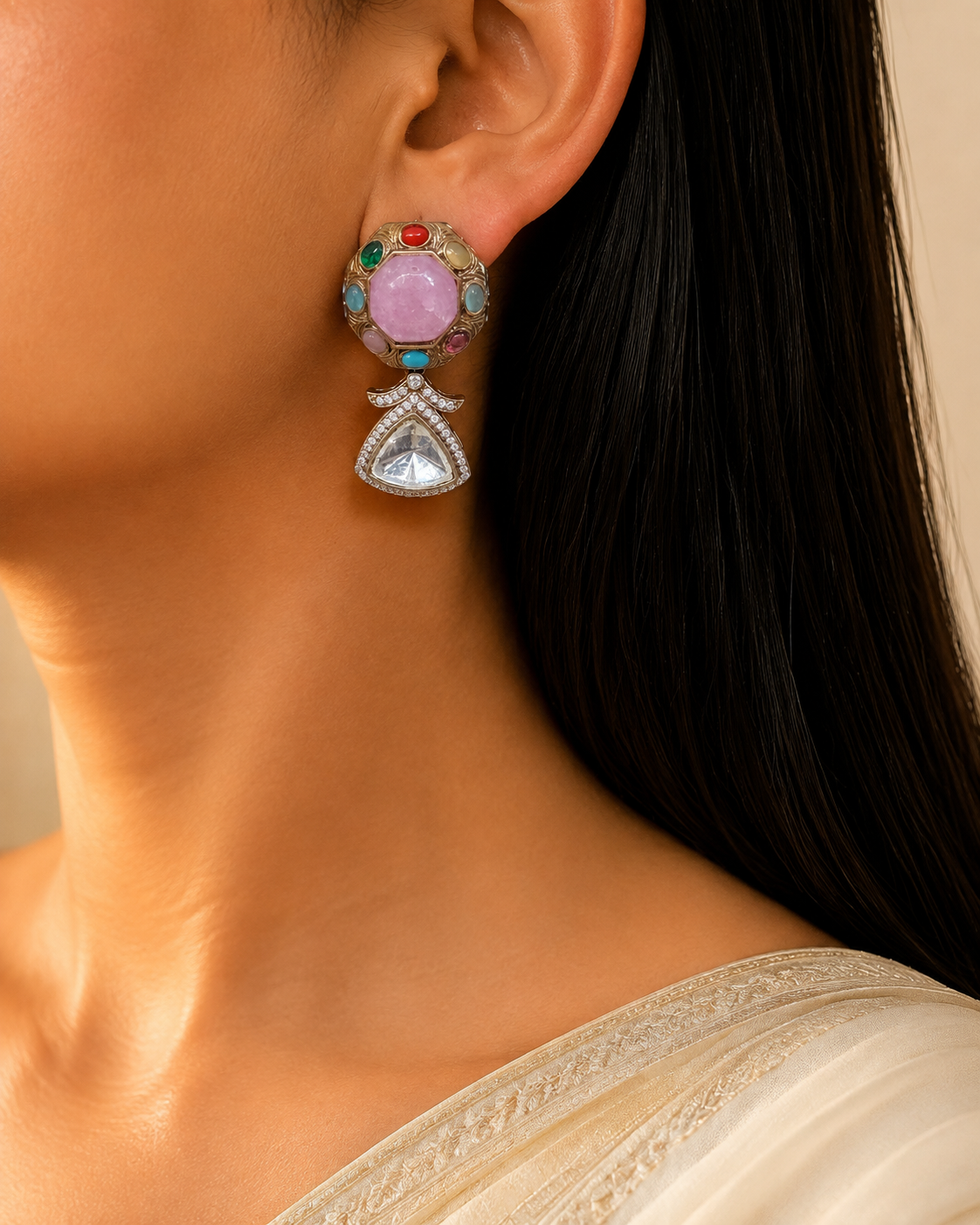 Luxury Lavender Pink Designer Kundan Earrings Multi Gemstone Gold Tone Roz Jewellers.