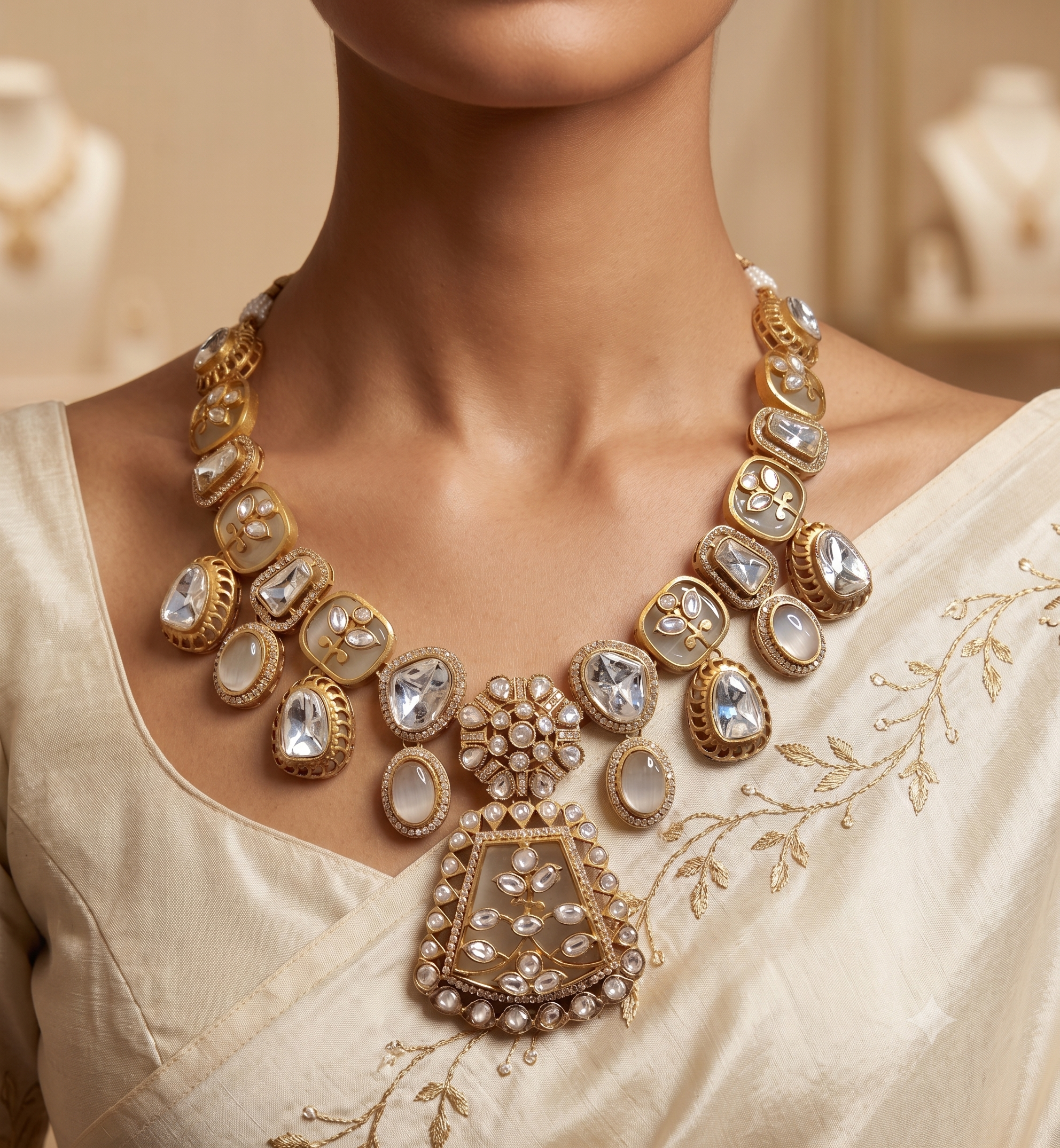 Simran Pakistani White and Gold Kundan Style Necklace Set Roz Jewellers.