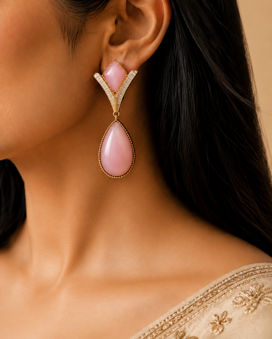 Bilqis Pakistani Handmade Blush Pink Kundan Teardrop Necklace Set Roz Jewellers.