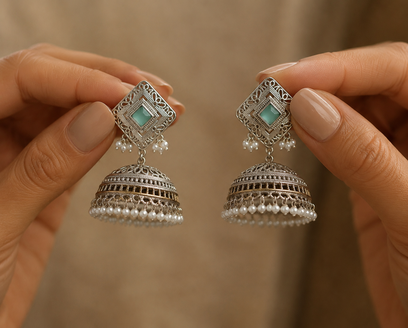 Kundan Silver Filigree Jhumka Green Stone, Pearl Roz Jewellers.