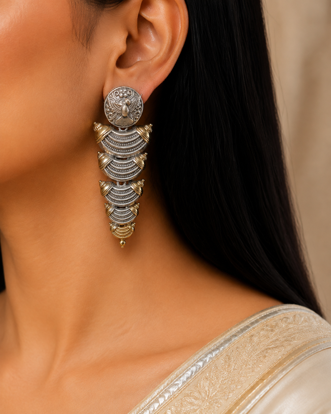 Royal Peacock Oxidized Layered Statement Kundan Earrings Heritage Tribal Roz Jewellers.