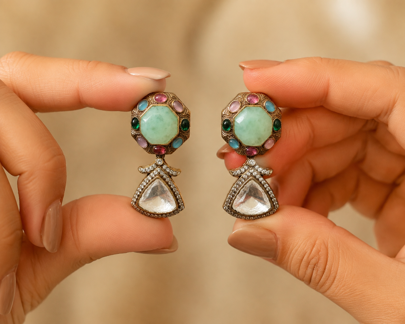 Luxury Mint Green Multi Kundan Stone Designer Earrings Gold Tone Drop Roz Jewellers.