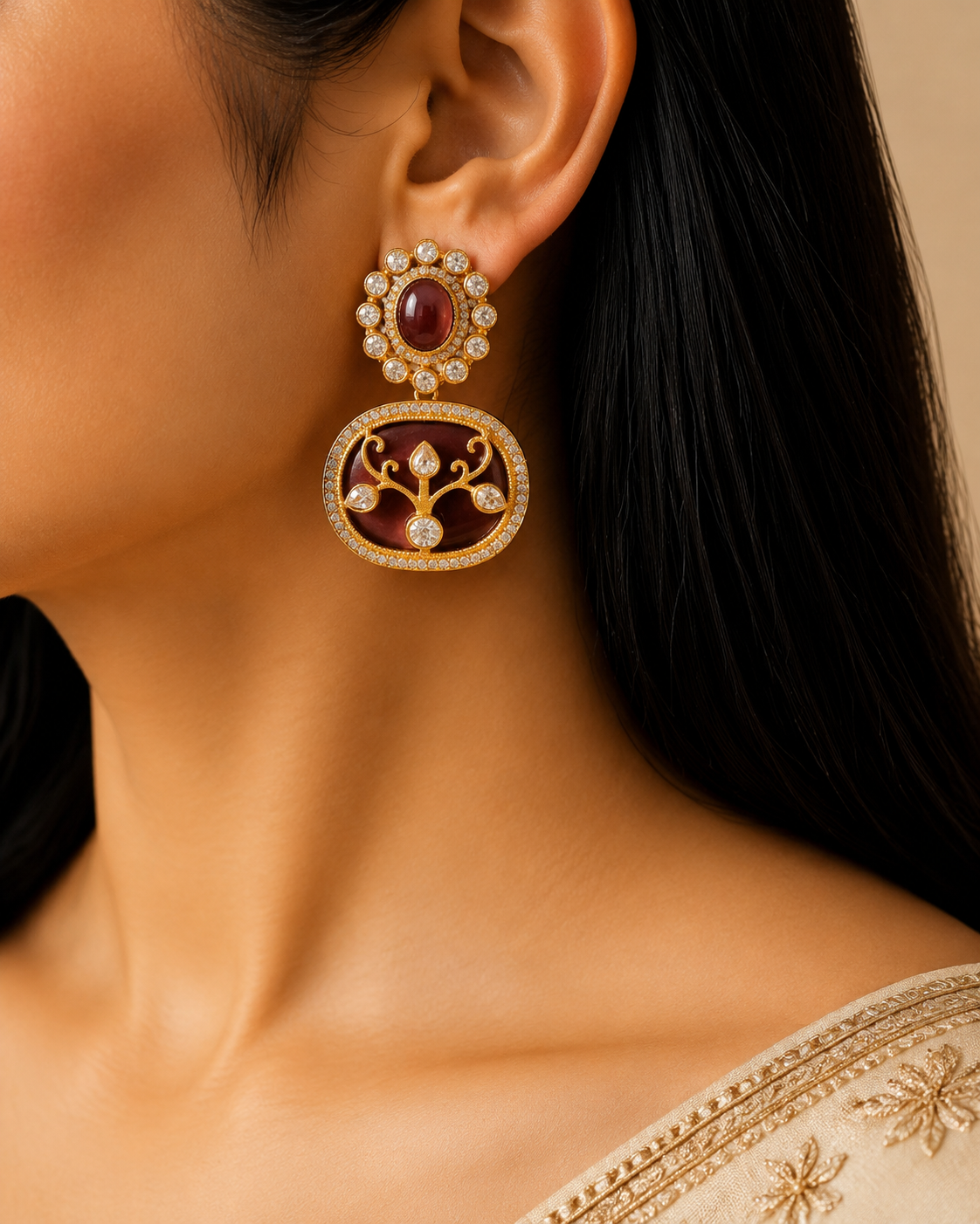 Inara Heavy Handmade Royal Maroon Kundan Necklace Set Roz Jewellers.
