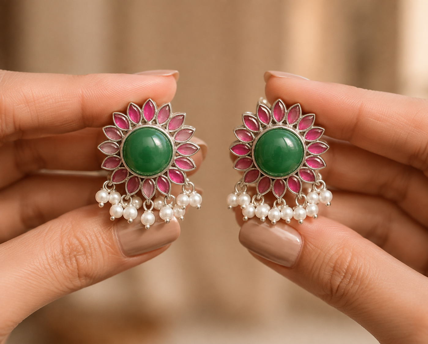 Blooming Lotus Oxidized Floral Kundan Earrings with Green Center Stone Roz Jewellers.