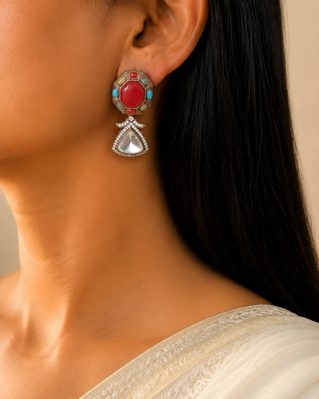 Luxury Statement Earrings Multi Kundan Stones Gold Tone Drop Roz Jewellers.