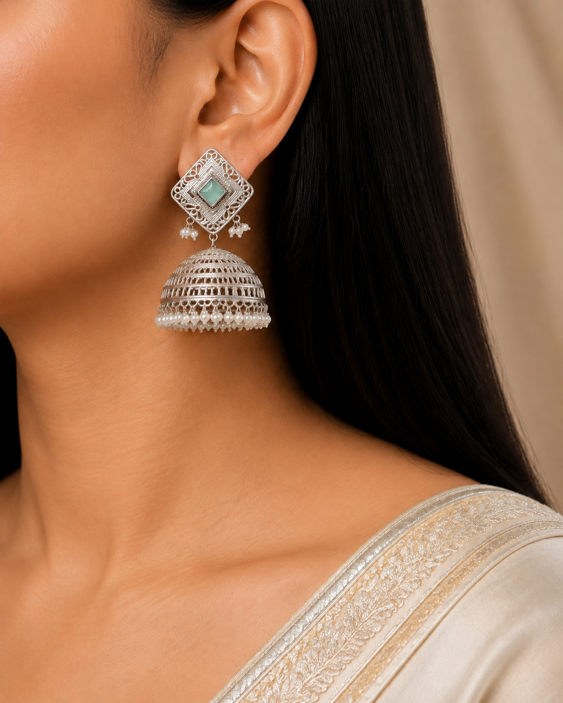 Kundan Silver Filigree Jhumka Green Stone, Pearl Roz Jewellers.