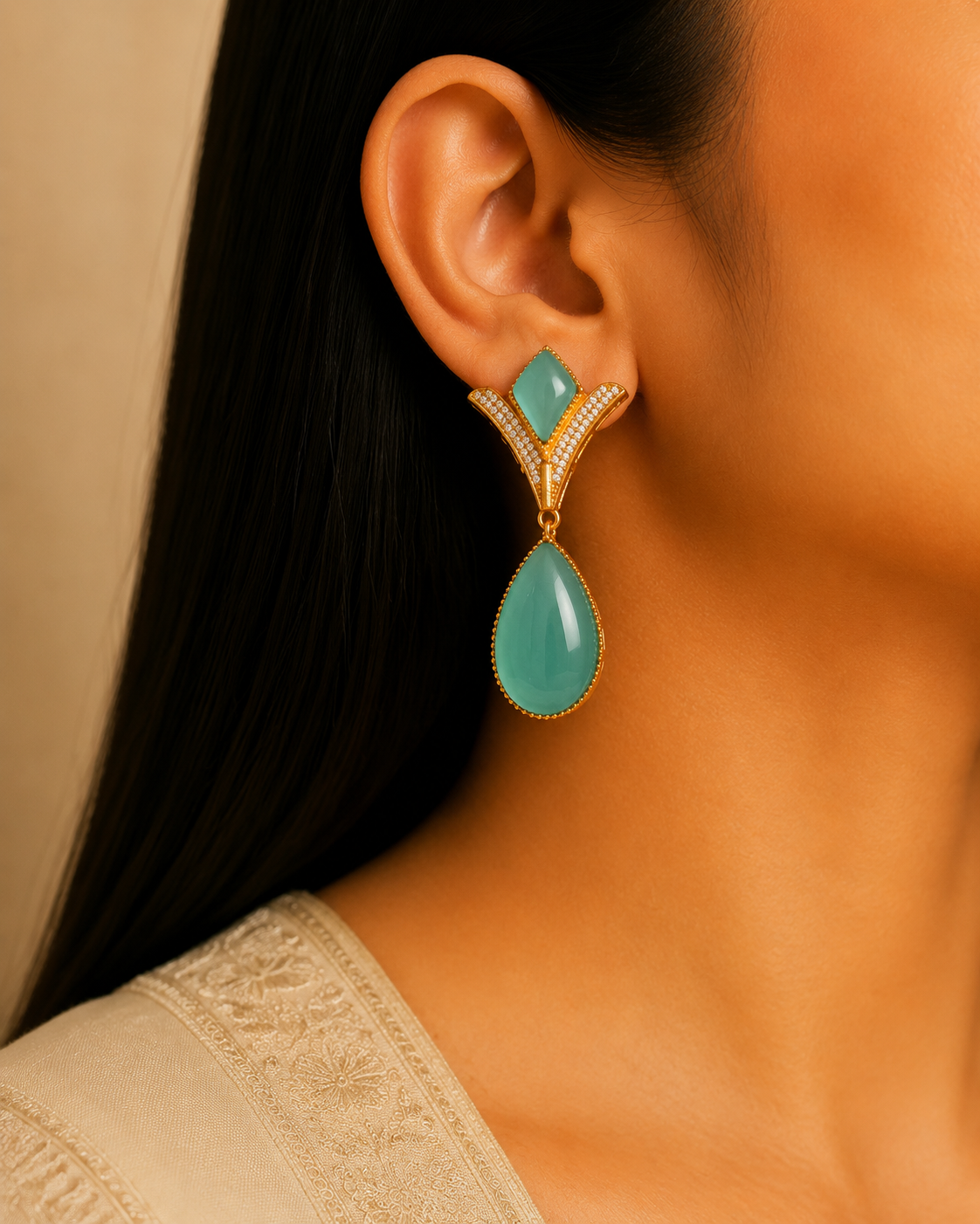 Eshal Handcrafted Mint Green Kundan Necklace with Teardrop Roz Jewellers