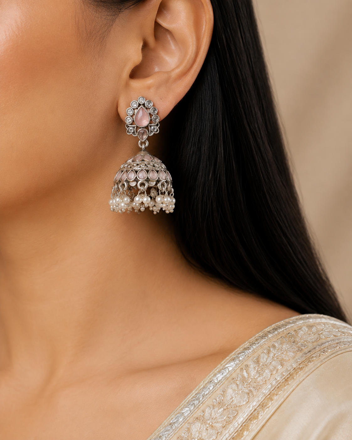 Oxidized Silver Pink Stone Kundan Jhumka Earrings with Pearl Drops Roz Jewellers.