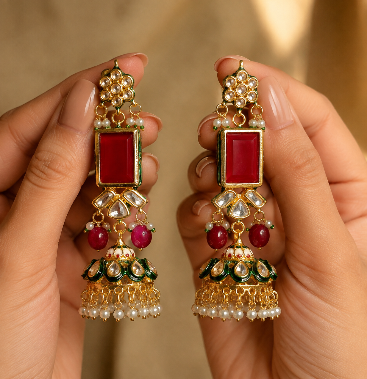 Traditional Kundan and Ruby Red Jhumka Earrings for Women Roz Jewellers