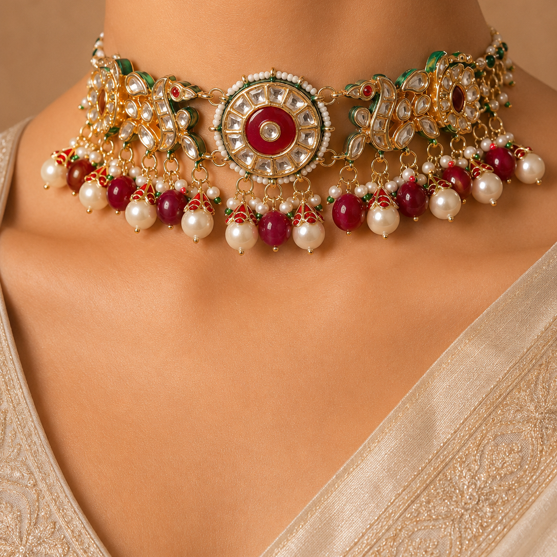 Royal Kundan Choker Necklace Set Pink Beads and White Pearl Choker Roz Jewellers