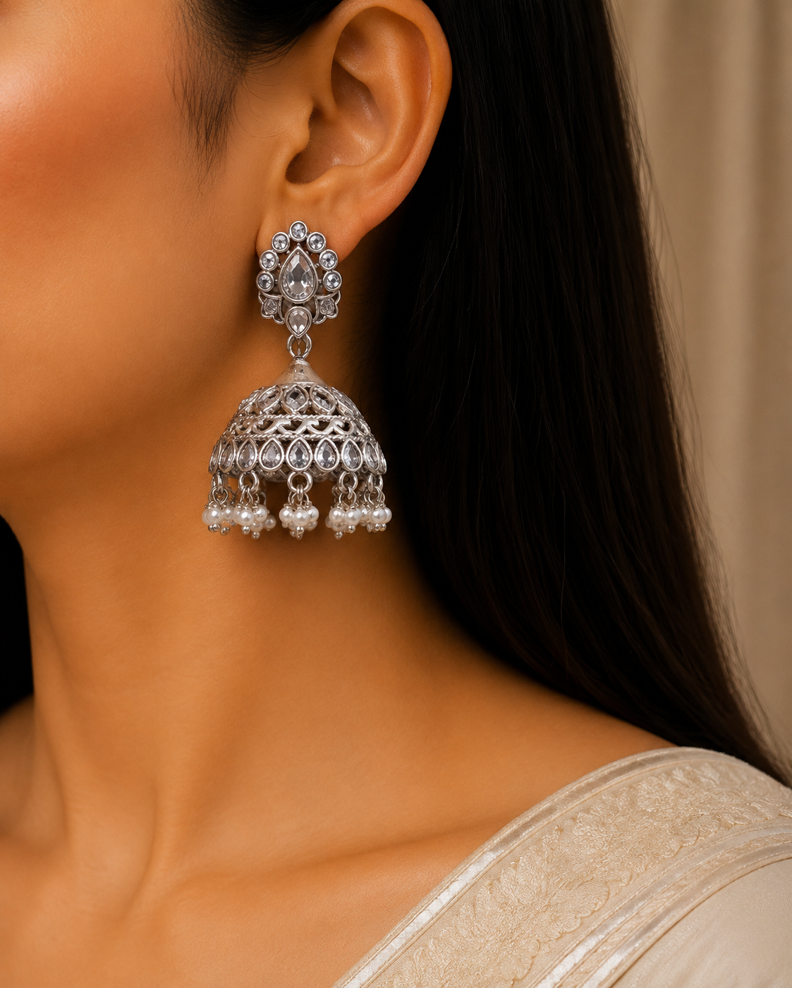 Elegant White Stone Oxidize Silver Jhumka Kundan Earrings with Pearl Drop Roz Jeweller.