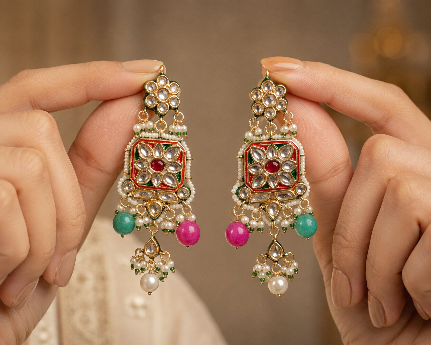 Multicolor Kundan Pearl Choker Necklace Set with Earrings Roz Jewellers.