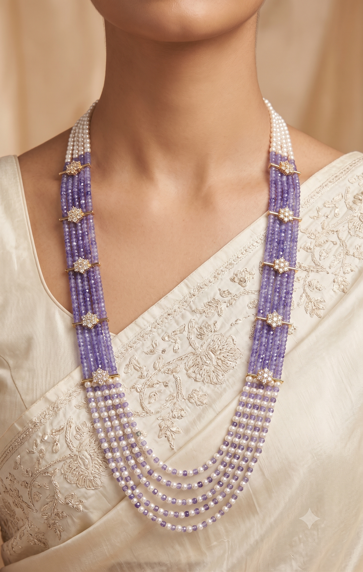 Multi Strand Pearl Lavender AD Necklace American Diamond Bridal Wedding Roz Jewellers.