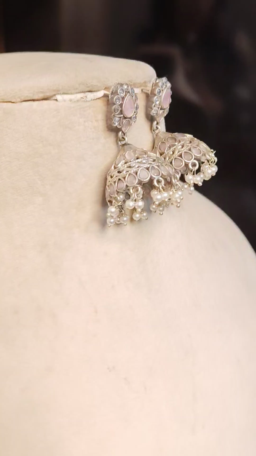 Oxidized Silver Pink Stone Kundan Jhumka Earrings with Pearl Drops Roz Jewellers.