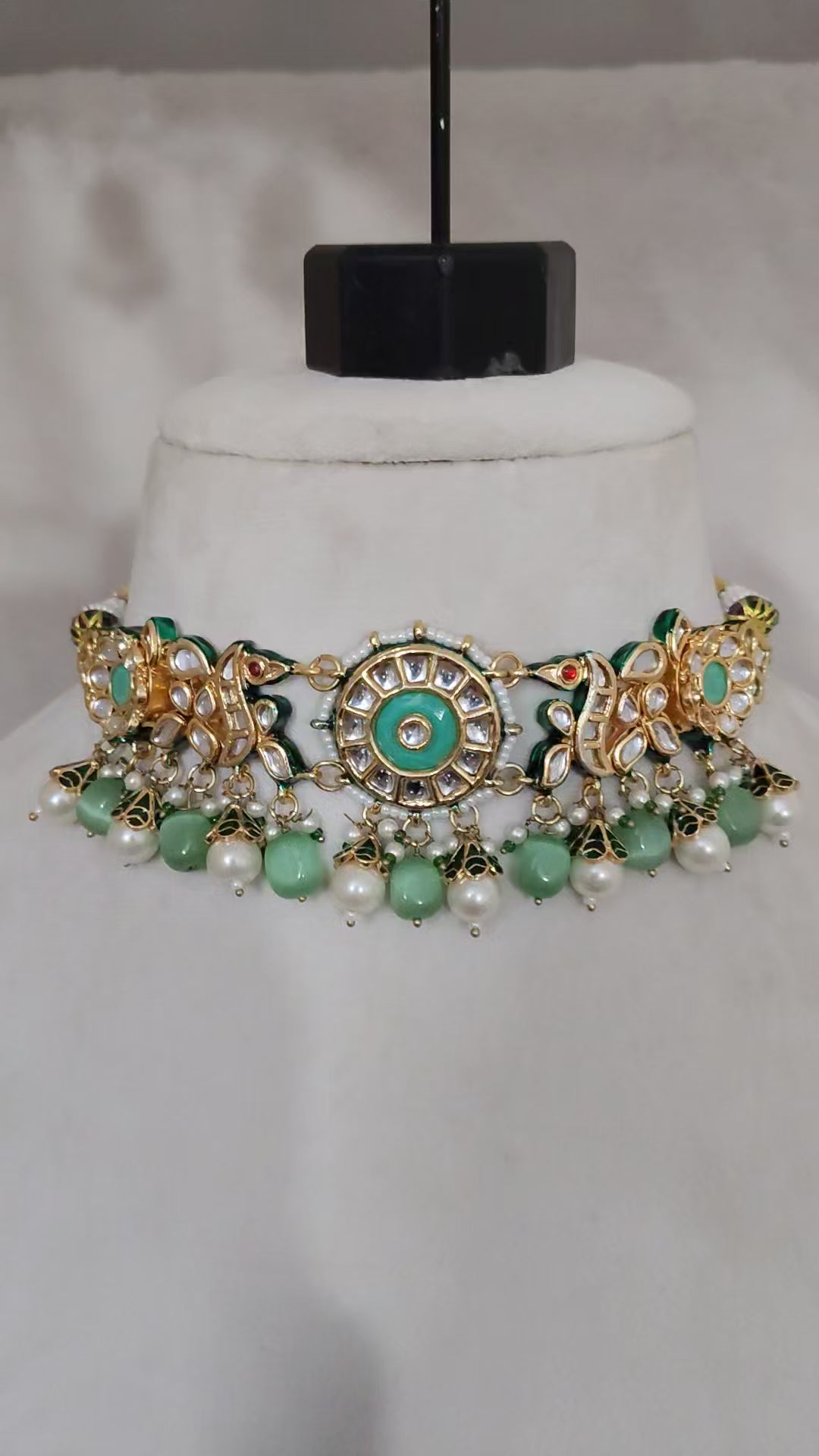 Mint Green Pearl Kundan Choker with Floral Motifs Roz Jewellers.