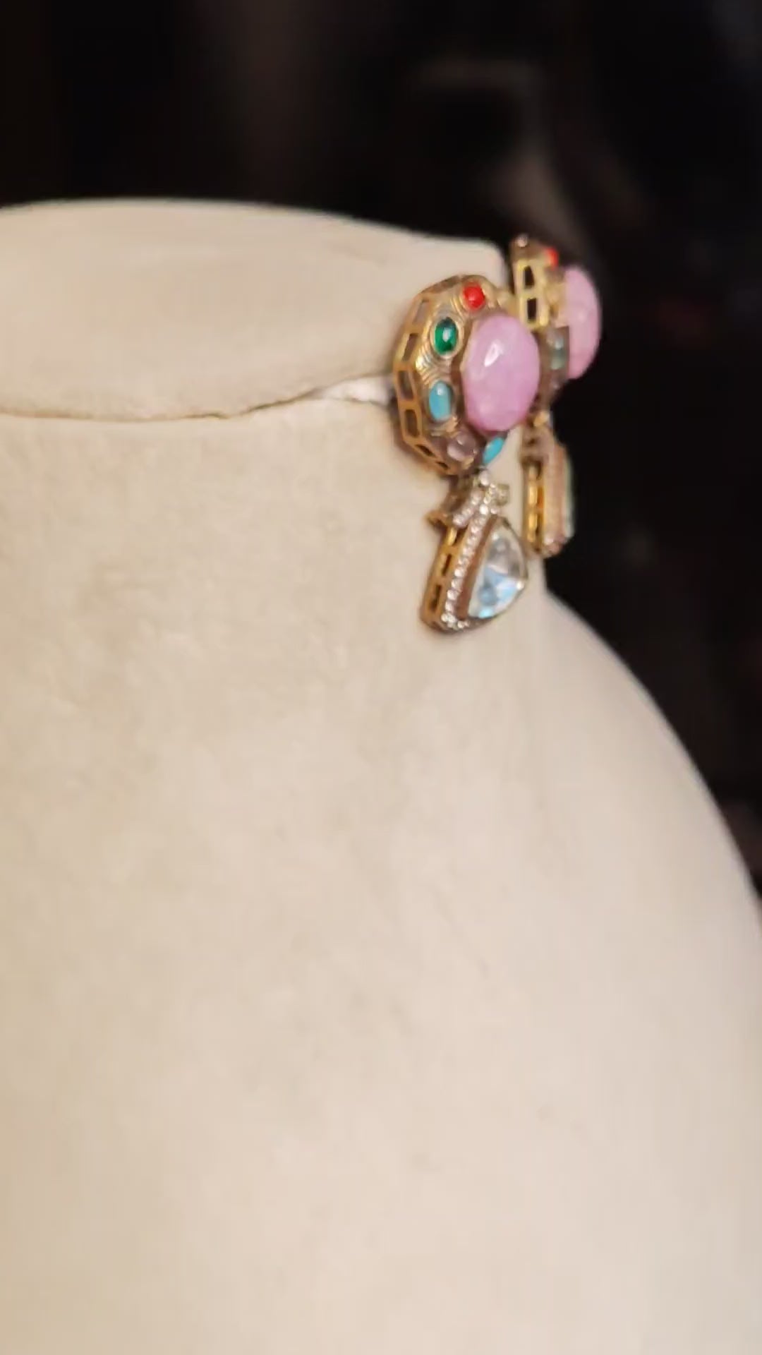 Luxury Lavender Pink Designer Kundan Earrings Multi Gemstone Gold Tone Roz Jewellers.
