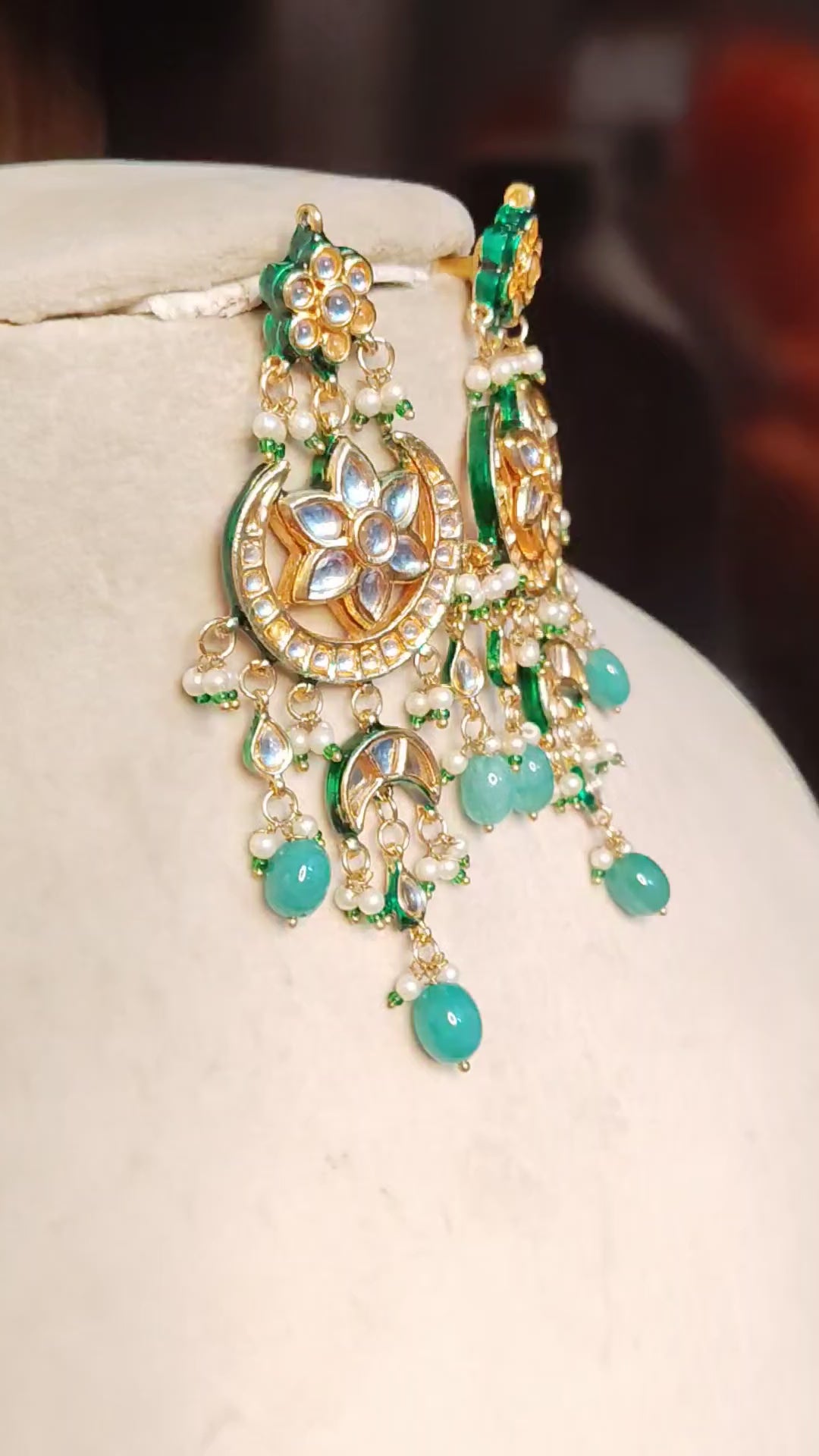 Bollywood Mint Green Kundan Chandbali Earrings with Pearl Drops Roz Jewellers