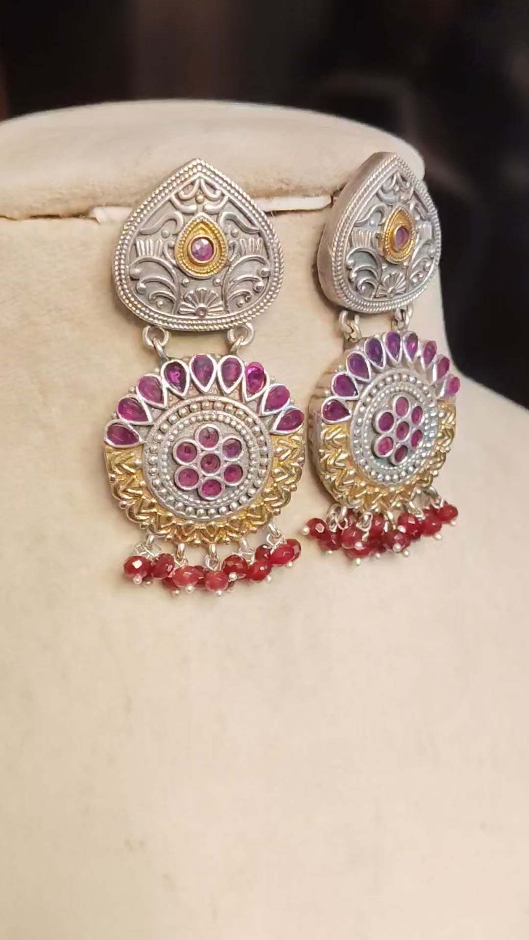 Dual Tone Oxidized Silver Ruby Stone Chandbali Kundan Earrings with Bead Roz Jewellers.