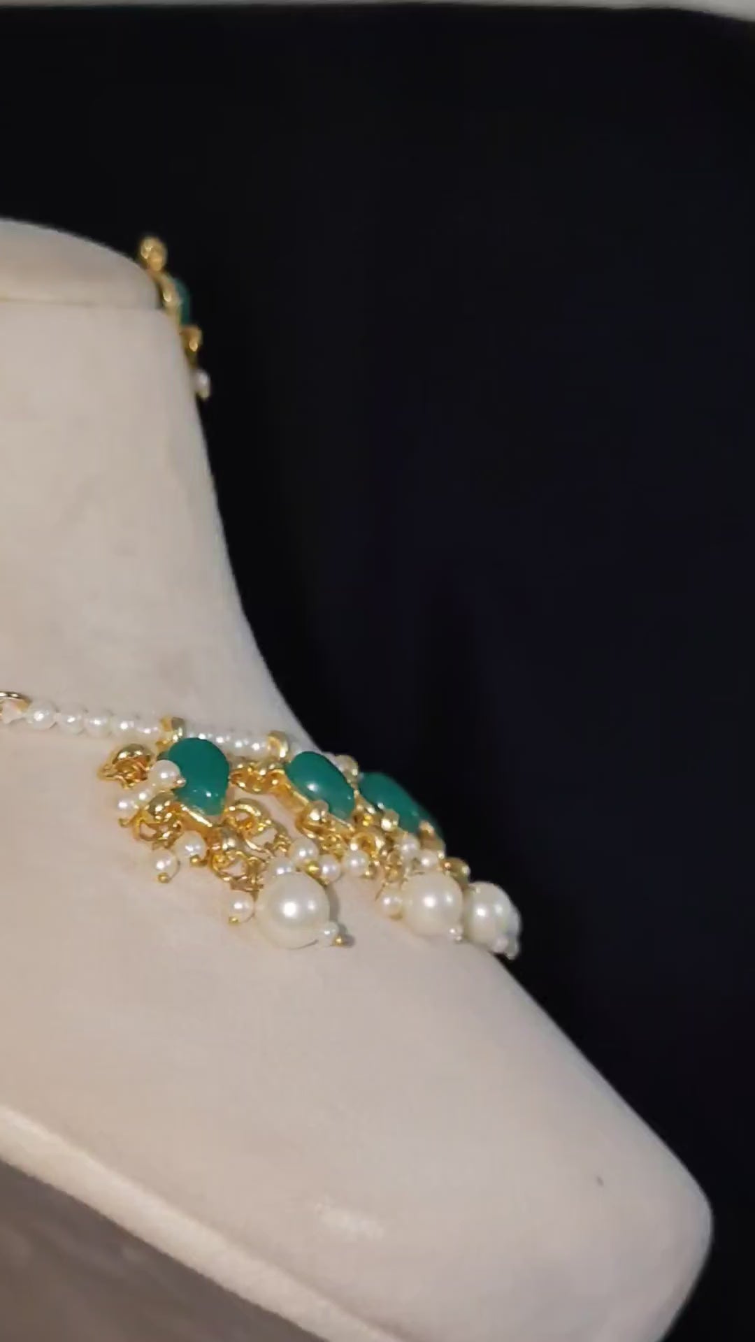 Kundan Emerald Green Teardrop Pearl Necklace Set with Long Earrings Roz Jewelle