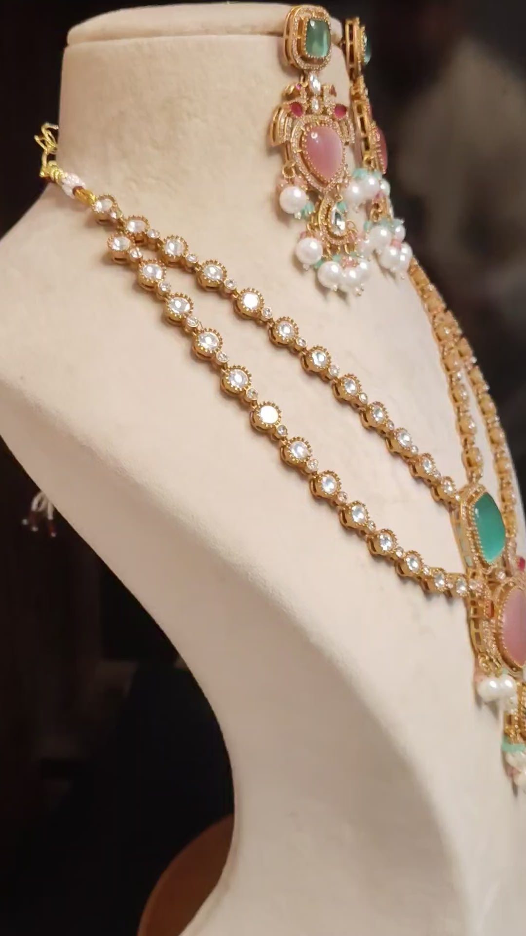 Tasneem Pastel Pink Mint Green Kundan Necklace with Pearl Drops Roz Jewellers.