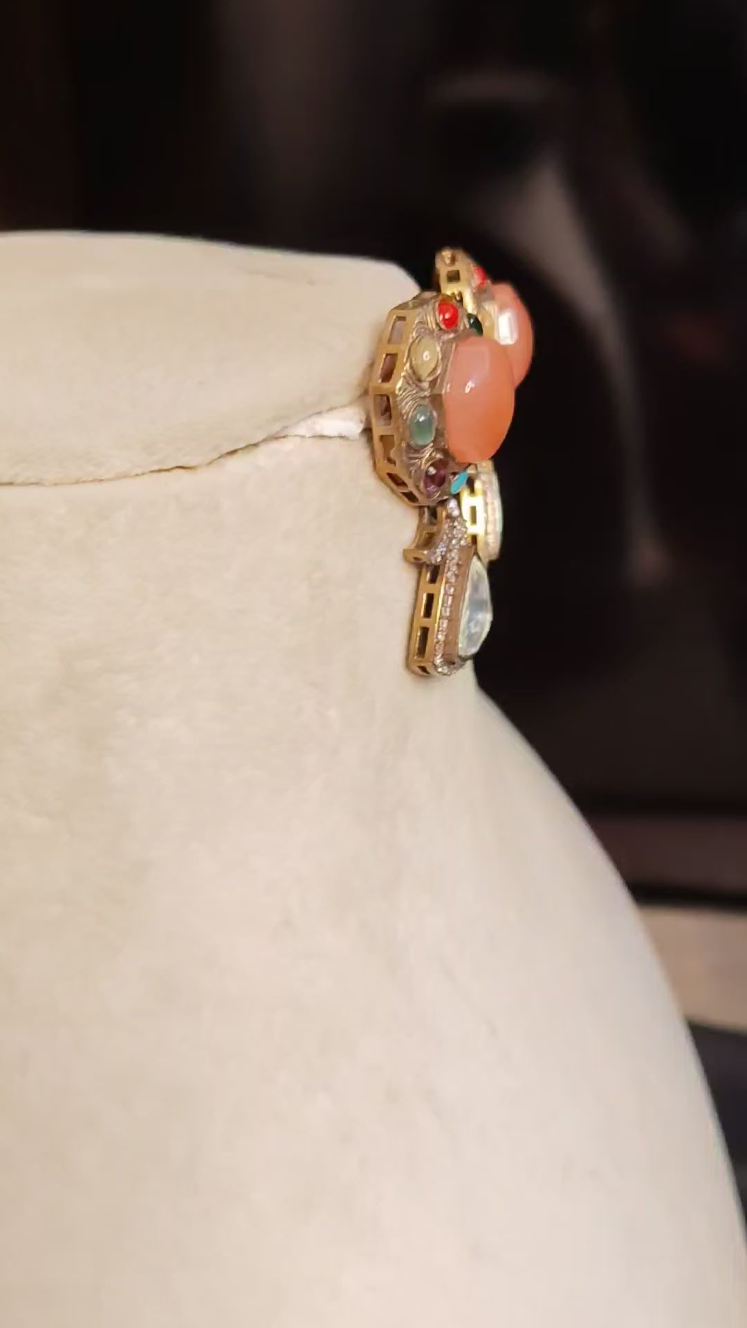Luxury Coral Peach Multi Kundan Statement Earrings Gold Tone Roz Jewellers.