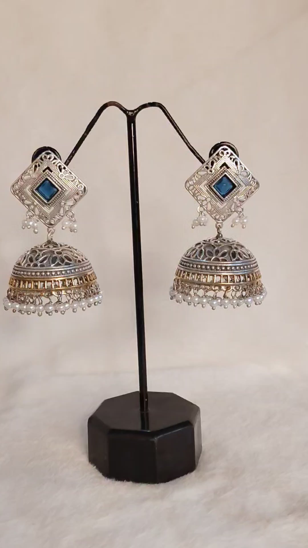 Navy Blue Square Oxidized Kundan Silver Jhumka Earrings with Pearl Fringe Roz Jeweller.