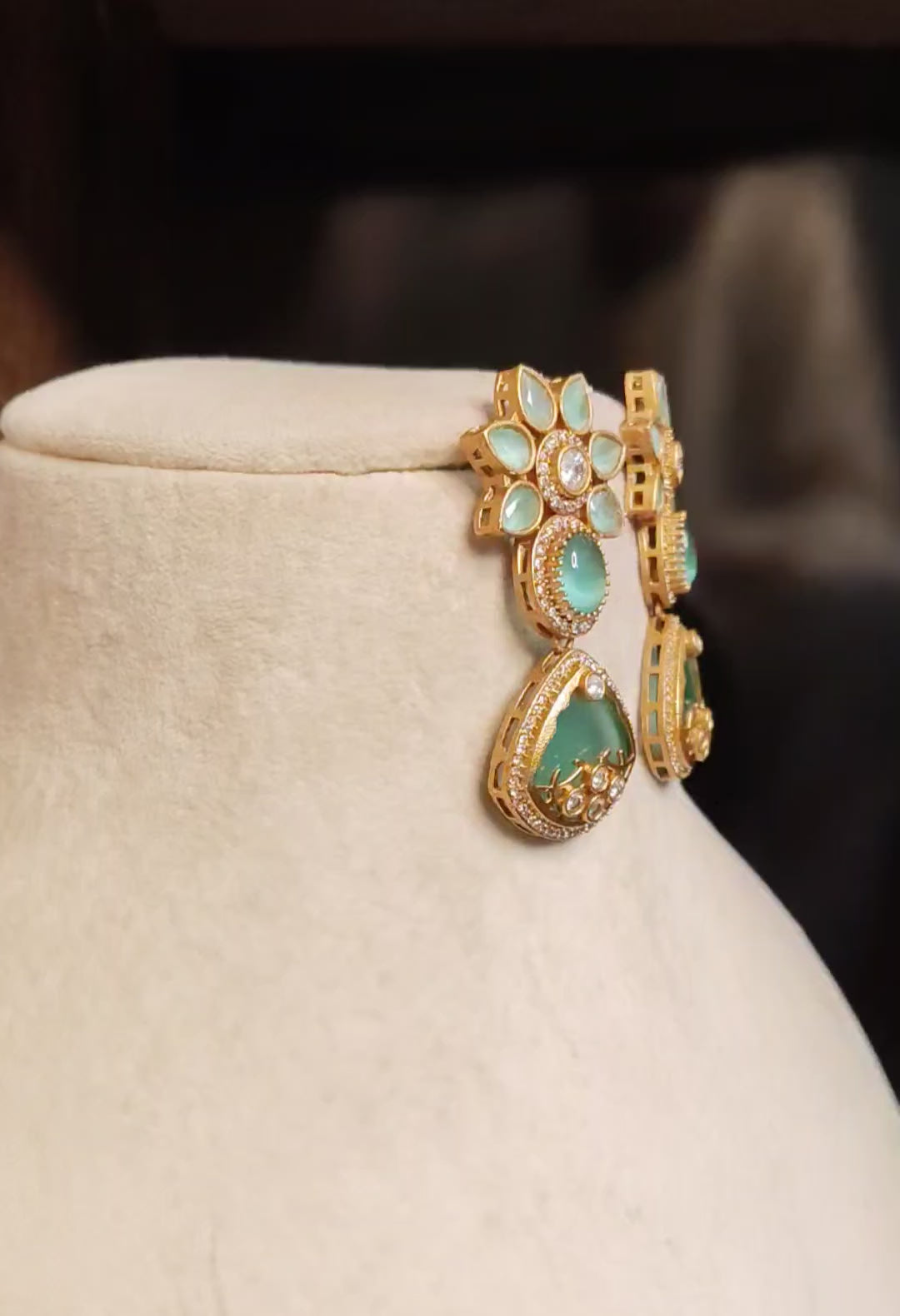 Ferozah Pakistani Mint Green Kundan Floral Drop Inlay Earrings Roz Jewellers.
