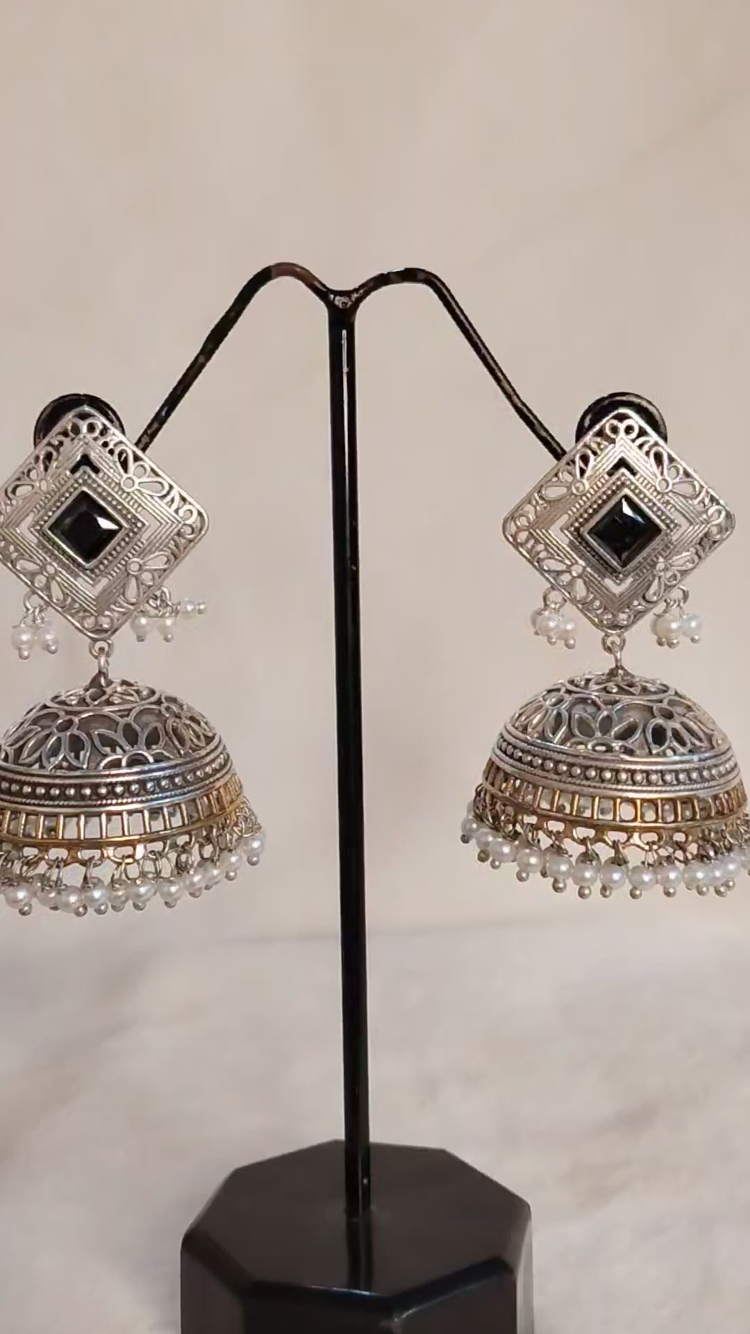 Zubi Handcrafted Silver Kundan Jhumka Earrings with Black Square Pearl Roz Jeweller.