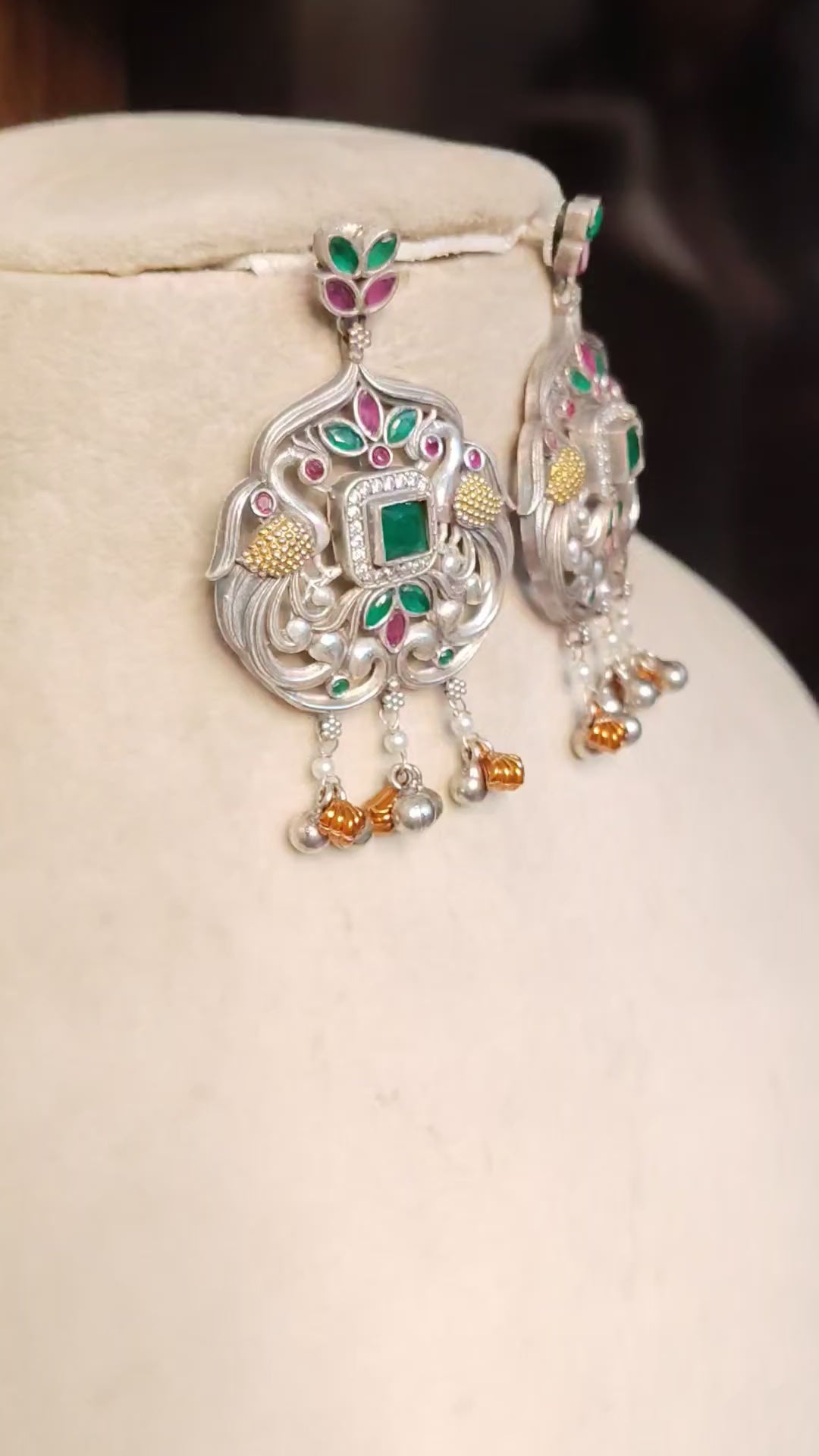 Royal Heritage Bird Motif Oxidize Kundan Chandelier Earrings with Emerald Roz Jeweller.