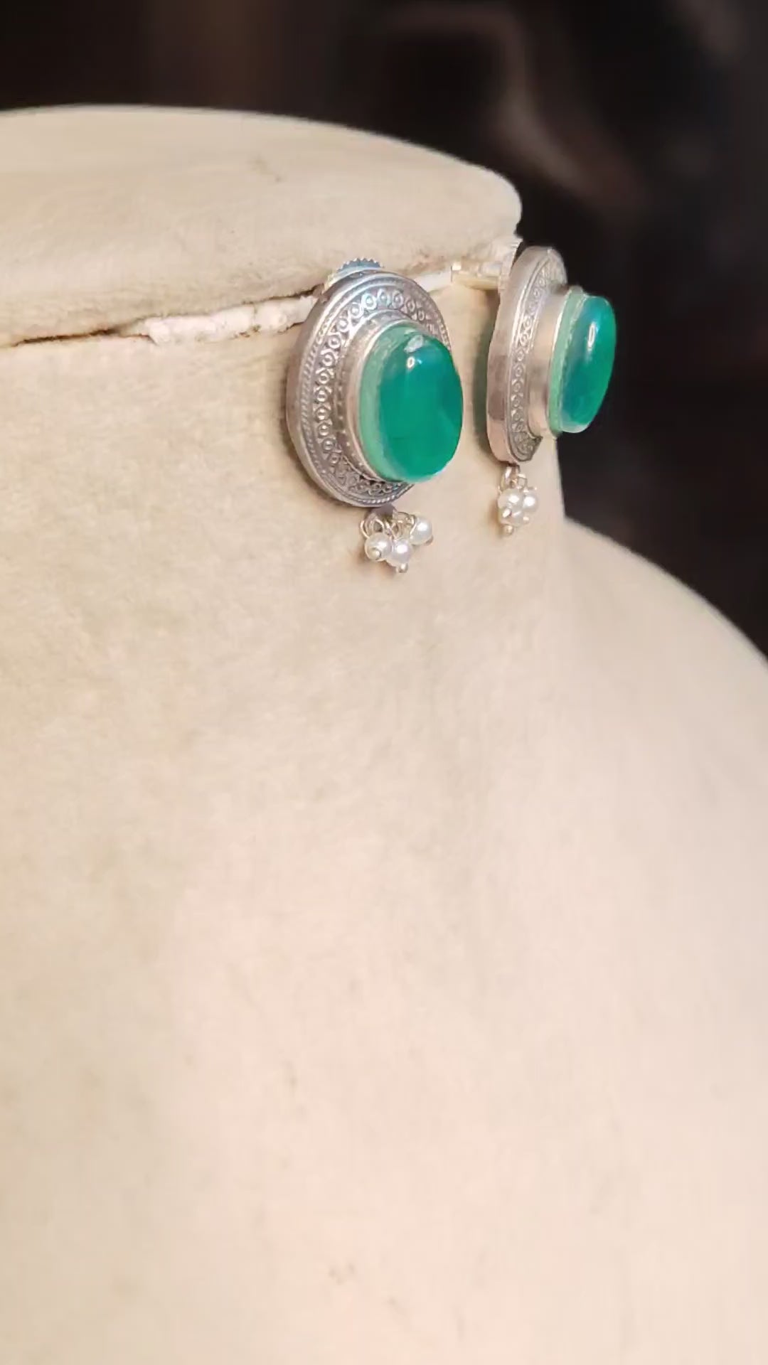 Emerald Glow Oxidized Silver Stud Kundan Earrings with Pearl Drops Roz Jewellers.