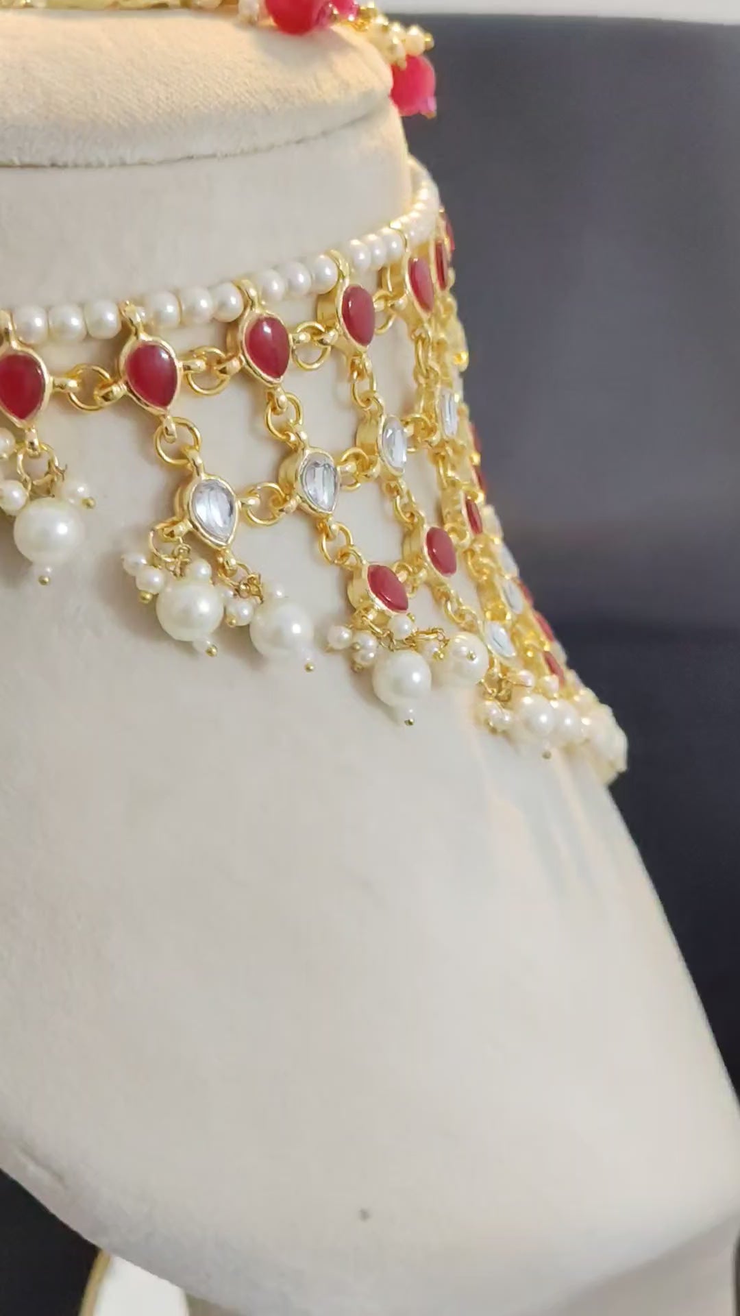 Arfa Pakistani Bridal Layered Ruby Kundan Pearl Choker Necklace Set Roz Jeweller