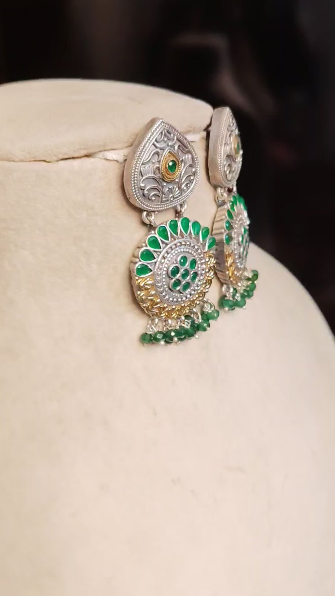 Handcrafted Oxidized Silver Green Stone Kundan Chandbali Earrings Roz Jewellers.