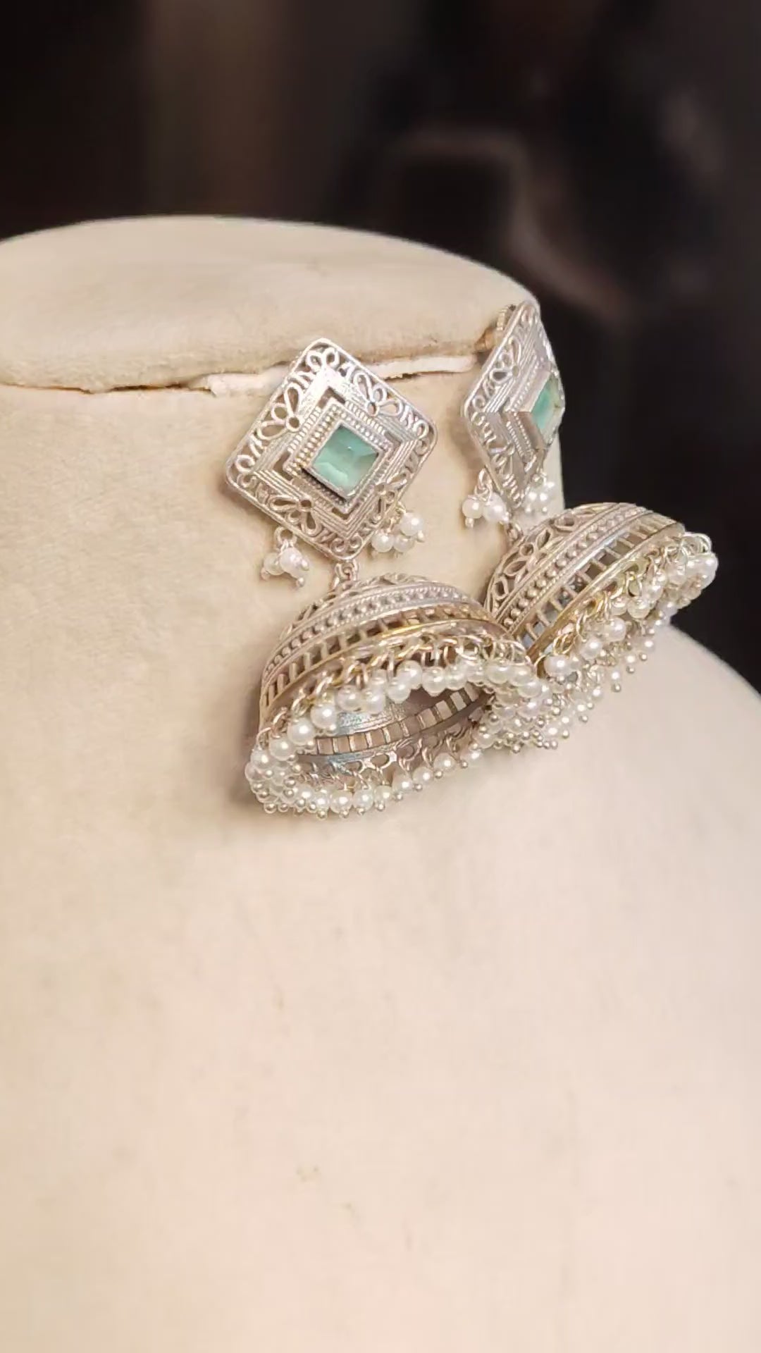 Kundan Silver Filigree Jhumka Green Stone, Pearl Roz Jewellers.