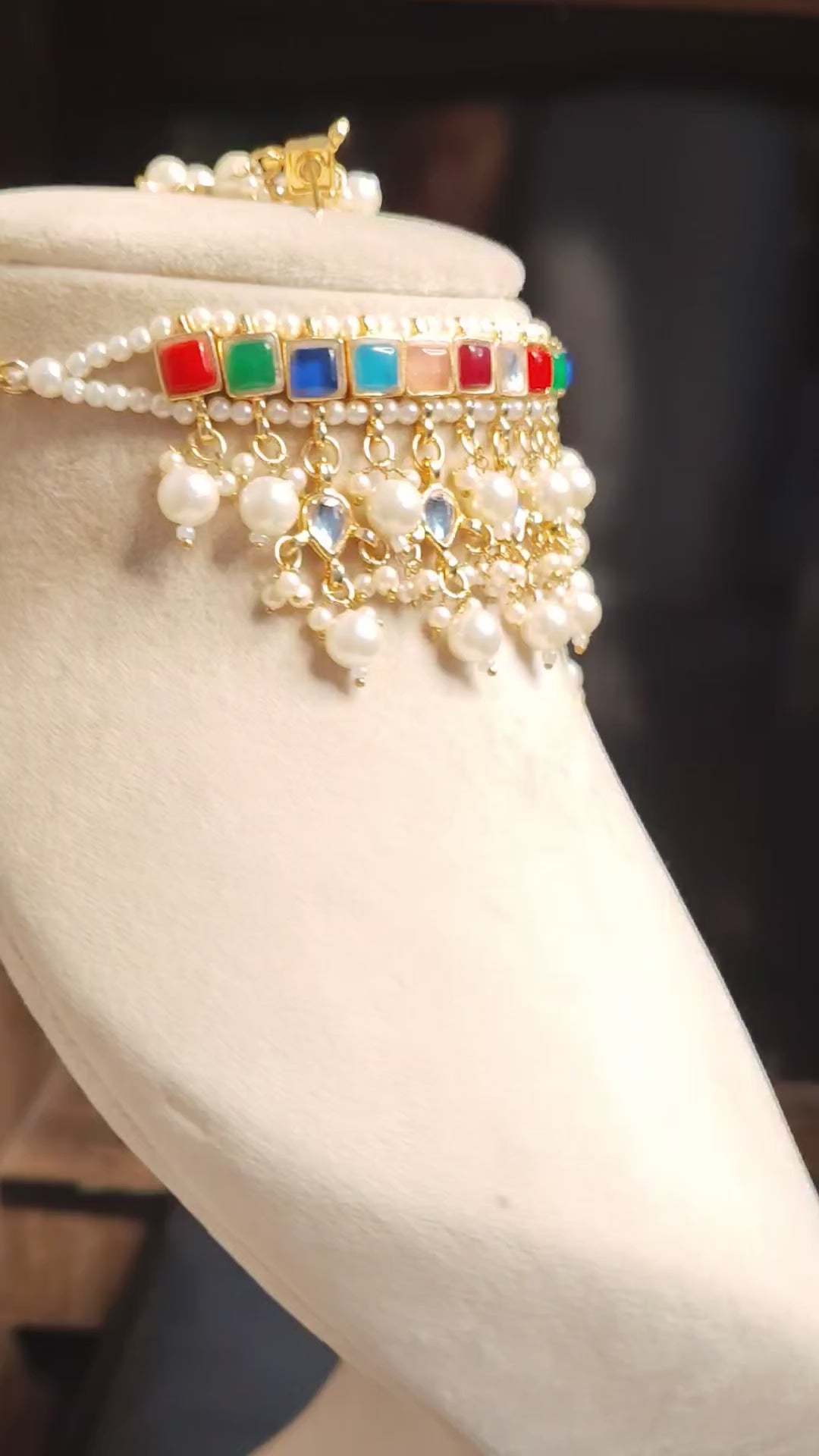 Muneza Multicolour Kundan Pearl Bridal Choker Necklace Set Roz Jewellers.