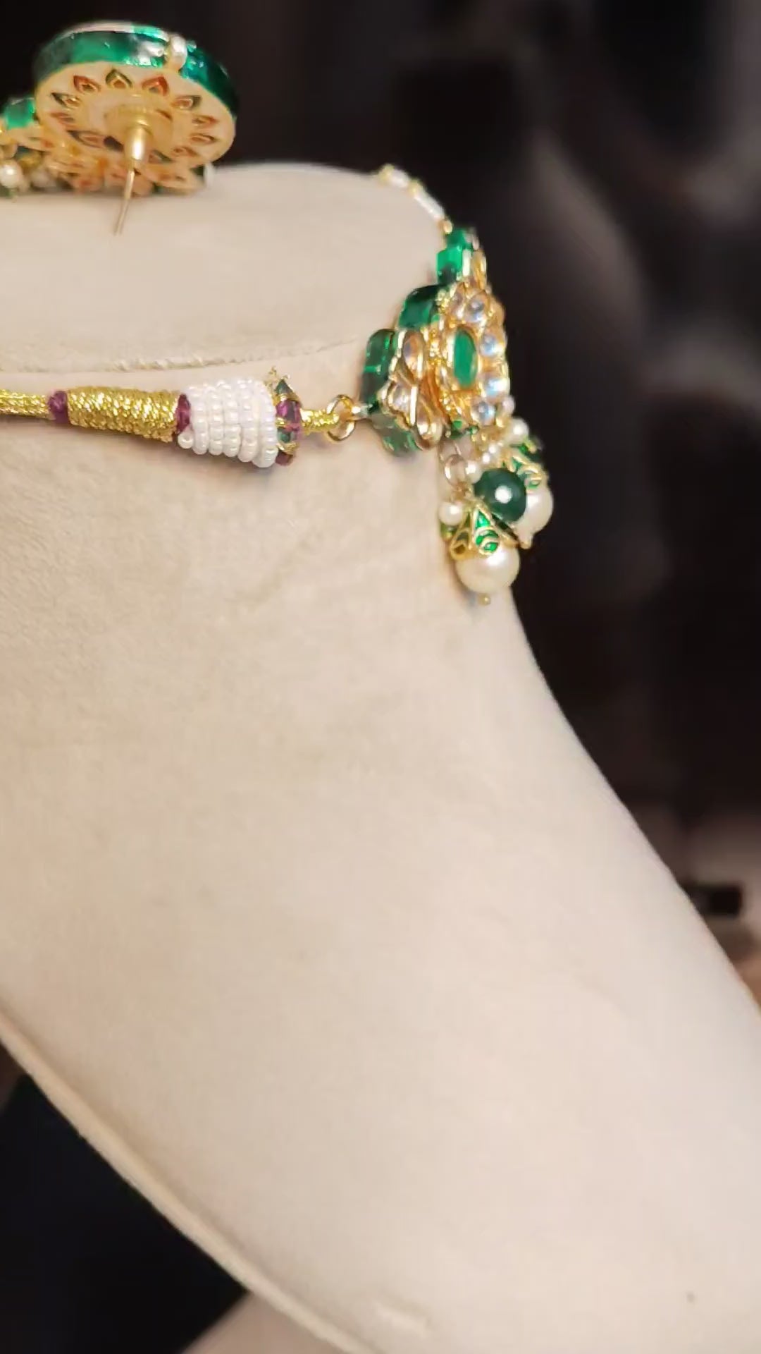 Traditional Green Kundan Necklace Set with Pearl Dangling Beads Roz jewellers