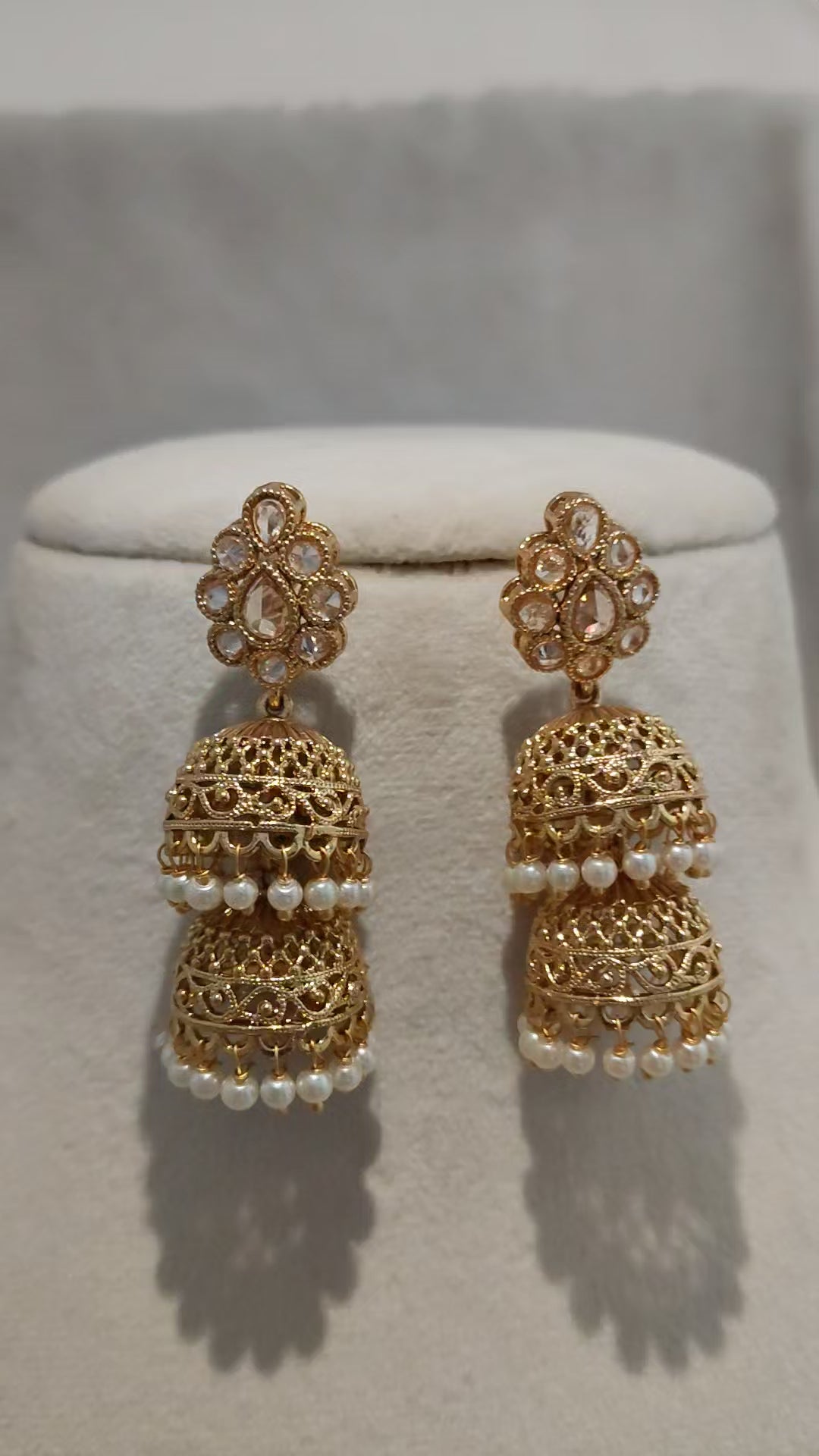 Rehnuma Double Layer Pearl Jhumka Earrings with Polki Inspired Stone Roz Jeweller