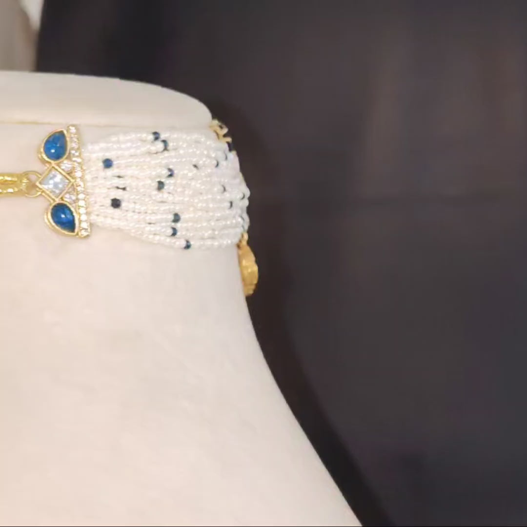Alaira Blue Cubic Zirconia Kundan Pearl Designer Choker Roz Jewellers.