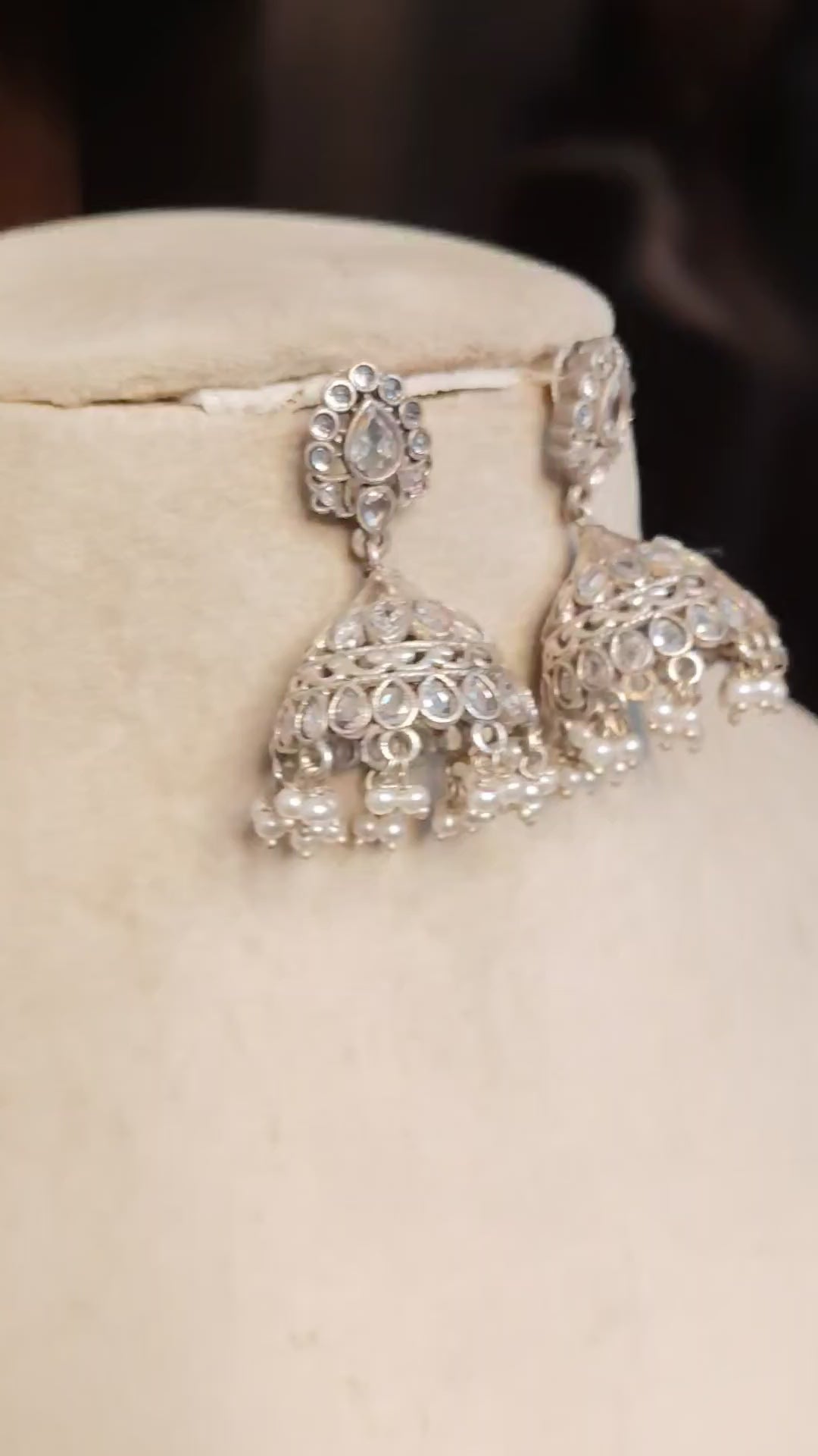 Elegant White Stone Oxidize Silver Jhumka Kundan Earrings with Pearl Drop Roz Jeweller.